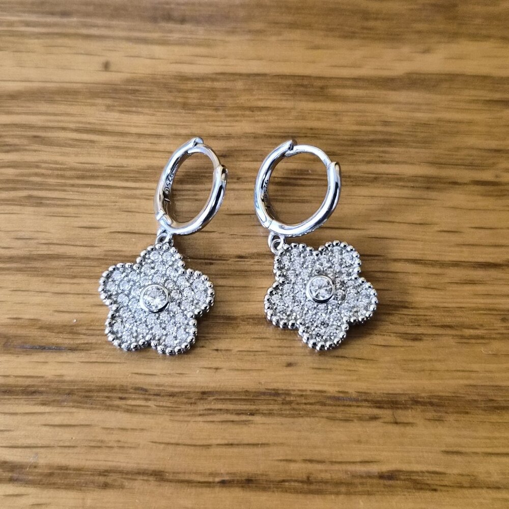 Sterling Silver CZ Floral Dangle Earrings 925 LOFT Micro‑pavé Office Siren Luxur
